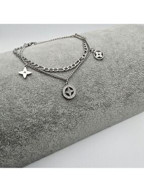 Star Clover Simulated Diamond Dual Chain Charm Bracelet, Stainless Steel